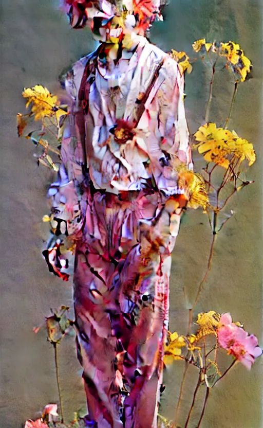 Image similar to androgynous cute pink haired teen boy wearing greek clothes, muted colors, colorful flowers, sunlight filtering through skin, j. c leyendecker, by alan lee, wlop! illustrated by starember, fantasy art by craig mullins cfg _ scale 8