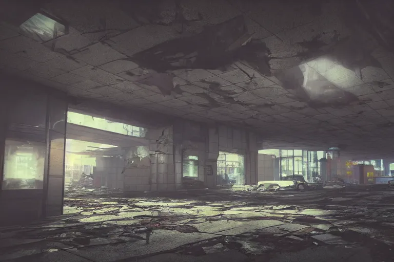 Prompt: low angle photo of a abandoned cyberpunk shopping mall with dead human bodies on the roof, cinematic lightning, ray tracing, unreal engine, photorealistic, detailed, dark, moody, foggy, scary