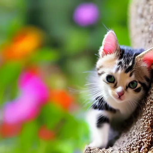 Image similar to a professional photograph of a tiny cat climbing a giant flower, high quality, highly detailed, cute, HD, 8K