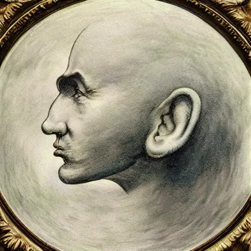 Image similar to dan morris celestial talking moon portrait, side view, surrounded by clouds, illustrated by peggy fortnum and beatrix potter and sir john tenniel