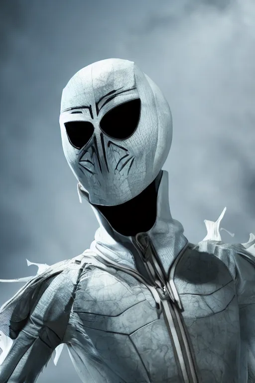 Image similar to hyperrealistic photography of Moon Knight mixed with Ghostrider style of patricia piccinini and Ivailo Ivanov and Gal Yosef, full-shot, merged character, 4k, highly detailed, cinematic lighting, photorealistic, 3d render, award winning render, unreal engine, masterpiece, octane render, sharp focus, studio lighting, 8k, hd
