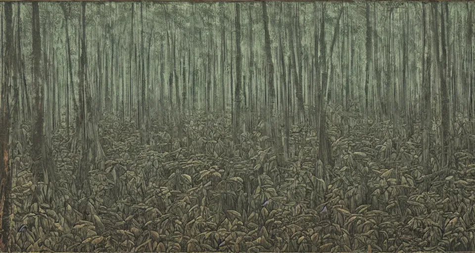 Image similar to A dense and dark enchanted forest with a swamp, by Zeng Fanzhi