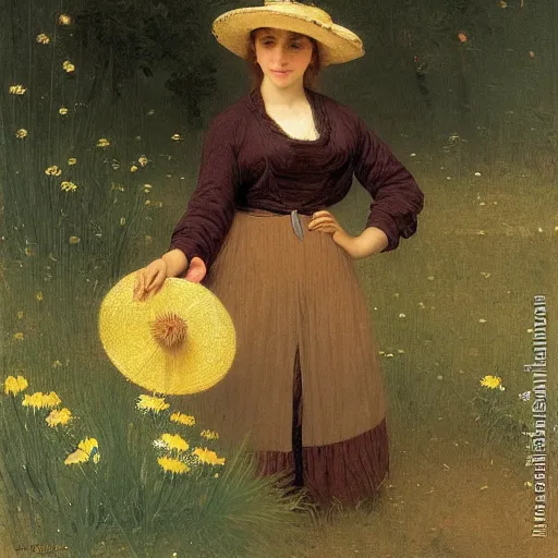 Image similar to A portrait of a fox in a straw hat surrounded by dandelions, by William-Adolph Bouguereau, Robert Cleminson, Carl Friedrich Deiker