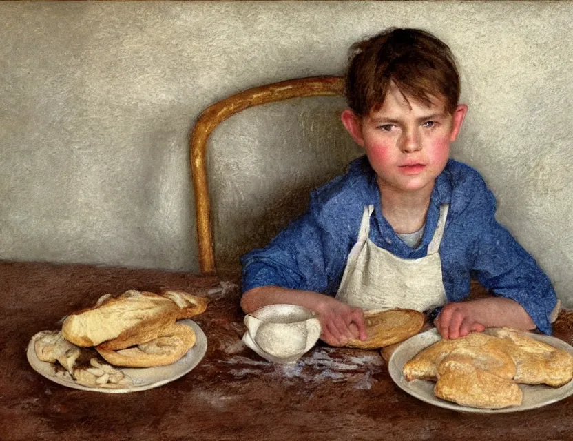 Image similar to portrait of little peasant boy sitting infront of table with bread, cottage core, cinematic focus, polaroid photo bleached vintage pastel colors high - key lighting, soft lights, foggy, by steve hanks, by lisa yuskavage, by serov valentin, by tarkovsky, 8 k render, detailed, oil on canvas