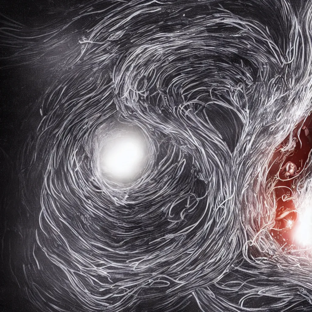 Prompt: a person getting sucked into a blackhole and appear on the other side of the blackhole as spaghetti, digital art, 8 k, very detailed