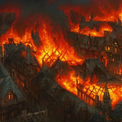 Prompt: burning village, aerial view, dark ages, medieval, fantasy, dnd, realistic, artstation
