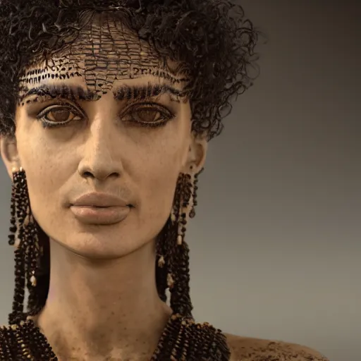 Prompt: portrait of a mesopotamian woman with thick black curls and bangs fringe standing inside sandstone ruins intricate artwork by Zinaida Serebriakova and Léon François Comerre and Adam Styka and Joseph Lefebvre. Octane render, trending on artstation, very coherent symmetrical artwork. Cinematic, hyper realism, high detail 8k