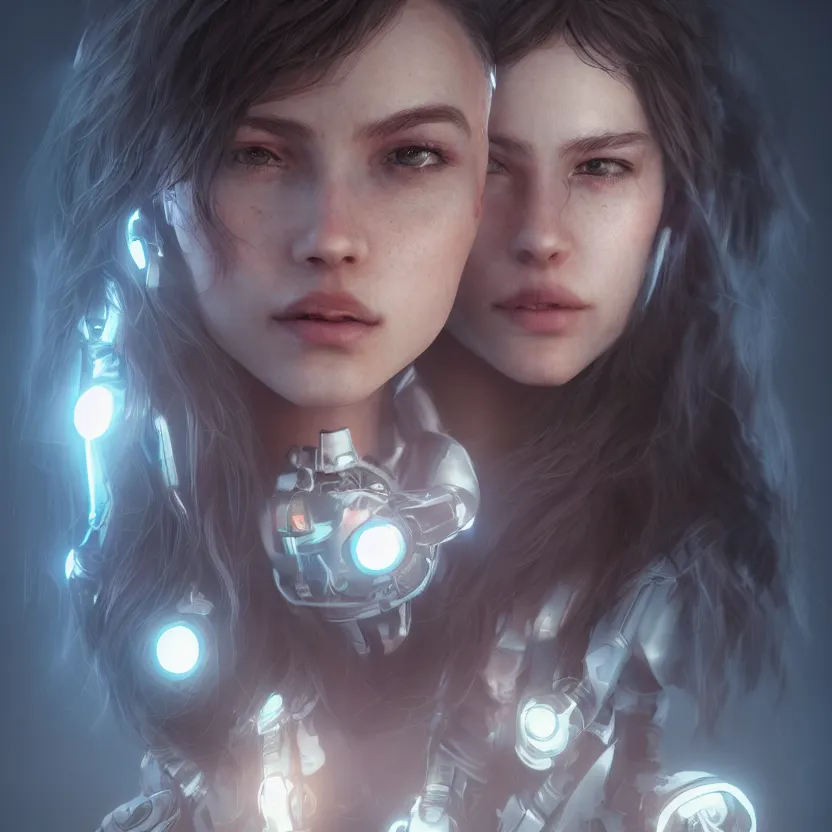 Prompt: hyperrealistic photo of a cyborg girl, volumetric lighting, portrait, epic, cinematic lighting, masterpiece, trending on artstation, very detailed, stunning