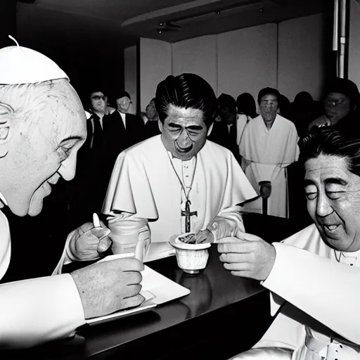 Image similar to the pope eating mc donalds with prime minister shinzo abe, photo by slim aarons, award winning