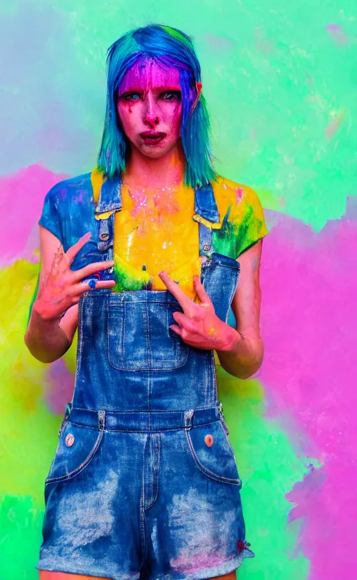 Prompt: grungy woman, rainbow hair, soft eyes and narrow chin, dainty figure, wet t-shirt, torn overalls, skimpy shorts, covered in neon paint, luminescent, Sony a7R IV, symmetric balance, polarizing filter, Photolab, Lightroom, 4K, Dolby Vision, Photography Award