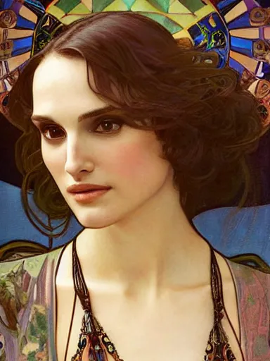 Image similar to a beautiful painting of natalie portman by Alphonse Mucha and by yoshitaka Amano and by Mark Brooks and by john william waterhouse, Art Nouveau, Neo-Gothic, gothic, award winning painting, hyperdetailed, detailed