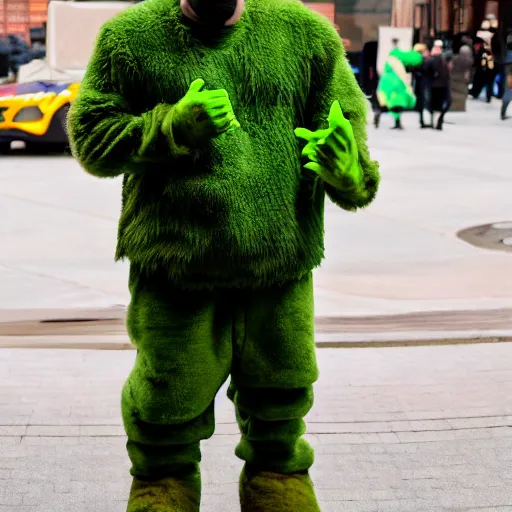 Image similar to Kanye dressed as Shrek, XF IQ4, 150MP, 50mm, F1.4, ISO 200, 1/160s, natural light