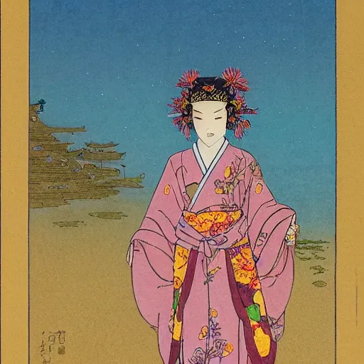 Image similar to a young asian woman with traditional robes walking on the sand in the desert, flowers on her head, fantastic castles in the distance, japanese art, illustration in the style of moebius, miyazaki, alphone mucha,