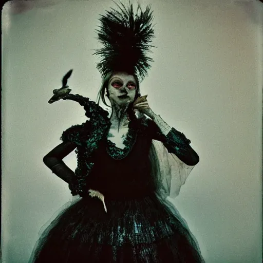 Image similar to damaged kodak portra 4 0 0, wetplate, photo of a surreal artsy dream scene,, very beautiful model, weird fashion, grotesque, extravagant dress, strange pose, carneval, with an animal, wtf, photographed by paolo roversi style