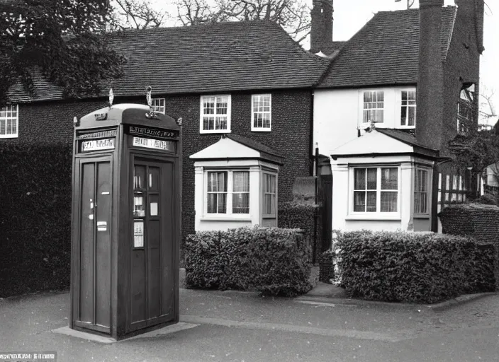 Prompt: photo of a metropolitan police box in front of houses in suburban london, police box, 1936, sepia
