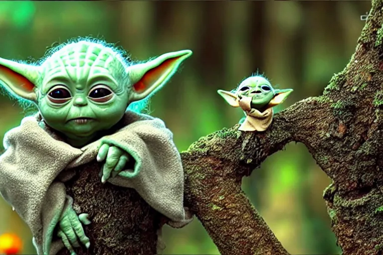 an extremely cute 'Baby Yoda' sits on a lichen covered Stable