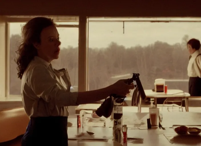 Prompt: cinematic screenshot of olivia coleman standing in a classic family diner, she is panicking hold a handgun in her left hand, paranoia everywhere, screenshot from the tense thriller film ( 2 0 0 1 ) directed by spike jonze, dramatic backlit window, volumetric hazy lighting, moody cinematography, 3 5 mm kodak color, anamorphic 2 4 mm lens