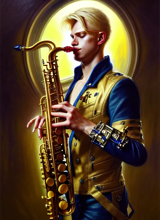 Image similar to portrait of a blond man playing sax, warhammer 40000, cyberpunk, intricate, elegant, highly detailed, digital painting, artstation, concept art, smooth, sharp focus, illustration, art by artgerm and greg rutkowski and alphonse mucha and Gustav Klimt