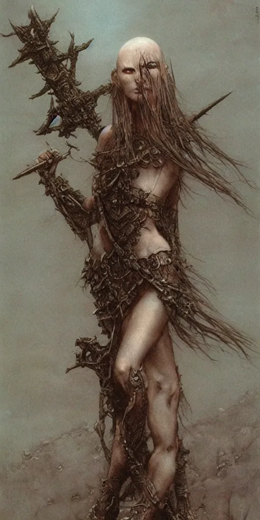 Image similar to bald barbarian girl by Beksinski and Luis Royo