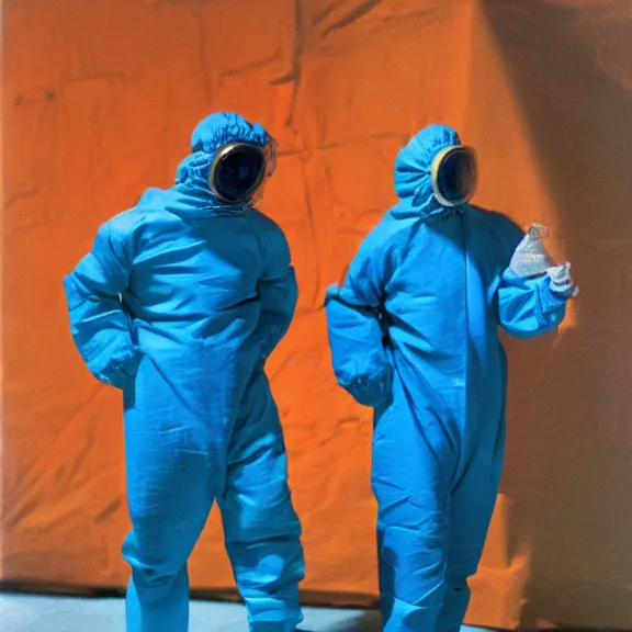 Prompt: two scientists wearing neon blue and orange rick owens hazmat suits with their hands in their pockets escaping the neon event horizon by frank frazetta