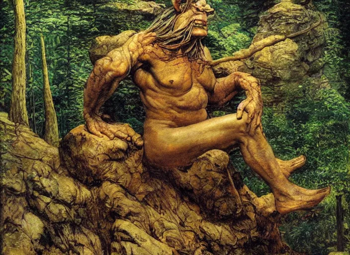 Prompt: a troll on a rock in the woods, dramatic lighting, fluid, smooth, bright, colours, high contrast, sharpness, very detailed, intricate, by moebius, frazetta, giorgio de chirico and klimt