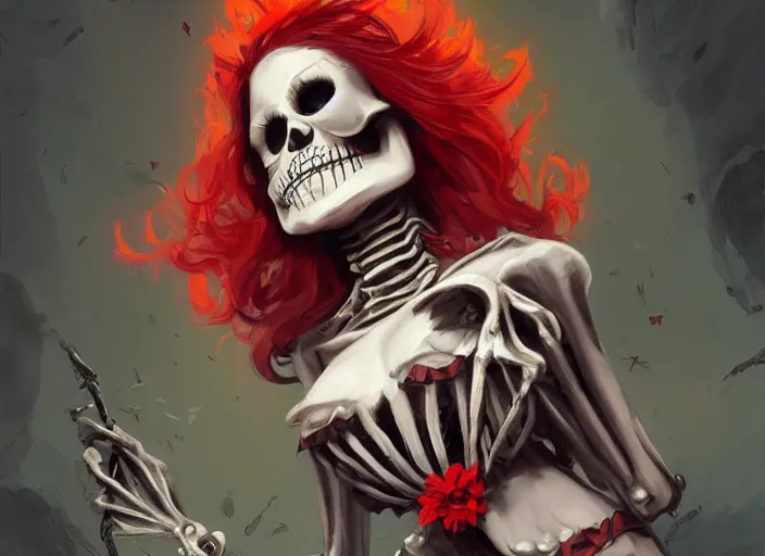 Image similar to cute & beautiful smug smiling mexican undead skeleton girl with red hair dressed as a witch, elegant, digital art, fantasy, pixar style, painting, pin up, highly detailed, artstation, art by artgerm, vrubel, greg rutkowski and ilya kuvshinov