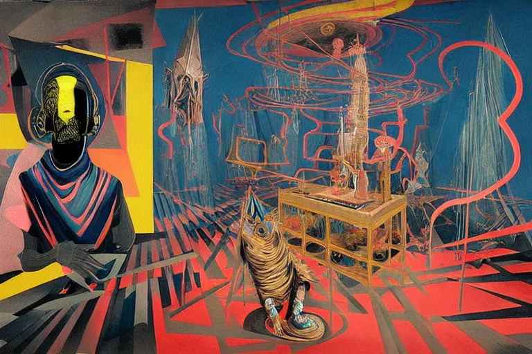 Image similar to a highly detailed beautiful masterpiece painting of a technomancer wizard in dazzle camouflage robes with pointed hood discussing sentience with his synthesized AI djinn hologram in his laboratory near a computer by Remedios Varo and Anato Finnstark and Greg Rutkowski and Andy Warhol and Francis Picabia and Artgerm, dayglo pink, dayglo blue, prismatic, pearlescent white, raven black, glowing, hyperrealism, 8k, trending on ArtStation, maximalist, rendered in Octane, rendered in Unreal engine, award winning, volumetric lighting