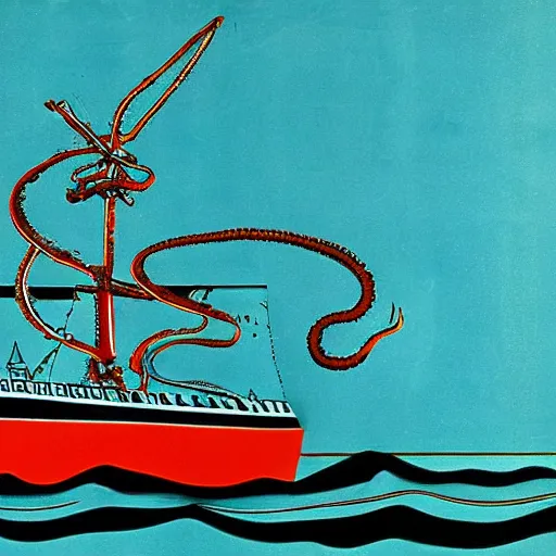 Prompt: A giant squid destroying a cruise ship in the middle of the ocean, by Andy Warhol