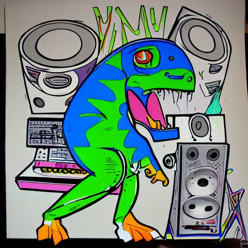 Image similar to 80s graffiti art style marker drawing of a dinosaur holding a synthesizer standing on a large speaker