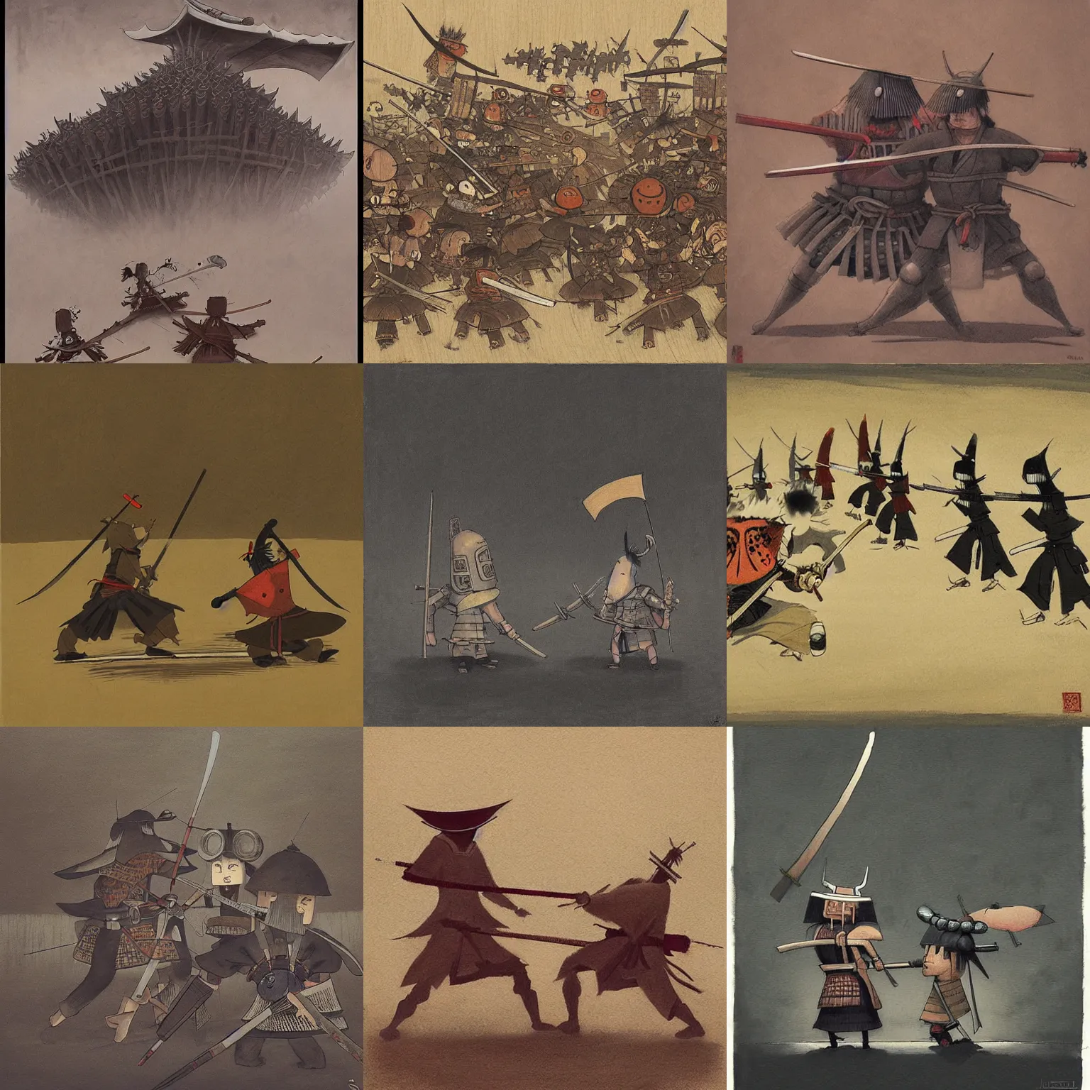 Prompt: samurai battle by shaun tan, style of john kenn mortensen