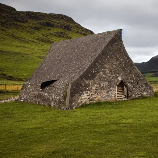 Prompt: scottish blackhouse designed by le corbusier. fujinon premista 1 9, 4 5 mm