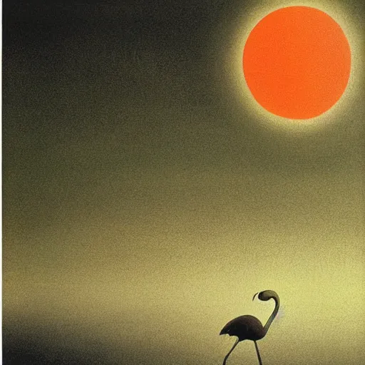 Image similar to painting of a green glowing orb being held by a flamingo in a desert by Zdzisław Beksiński