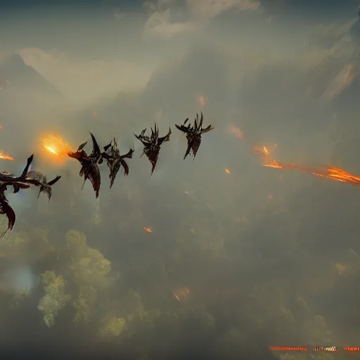 Image similar to thousand dragons flying in formation. they're black red and have a yellow accent color. ready for battle. cinematic, unreal engine 5, live-action,