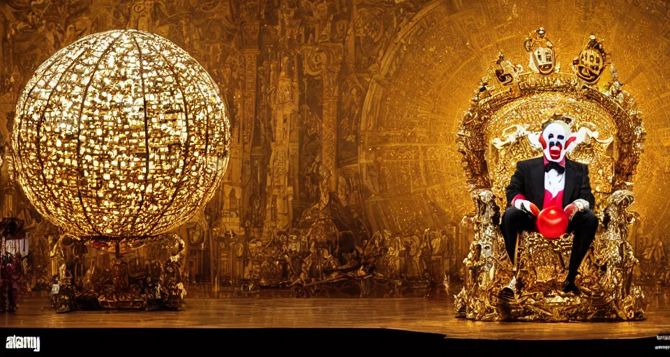 Image similar to shining majestic throne made of millions of diamonds, gold and zaphires with thousands of light reflections, and a stupid clown on a suit is sitting on the throne while handing a globe, 4 k