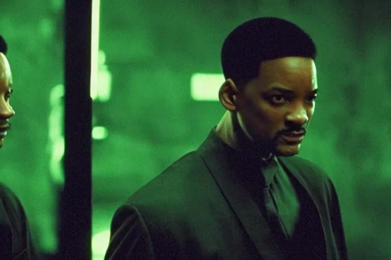 Prompt: will smith as a character from the matrix, cinematic, movie still, dramatic lighting, matrix code,!! by bill henson!!, green color theme, 1 6 : 9 ratio