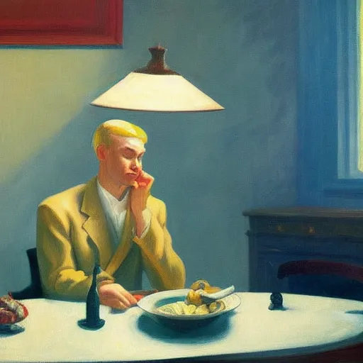 Prompt: a detailed painting, blonde man at a dinner table alone, dramatic lighting, edward hopper,