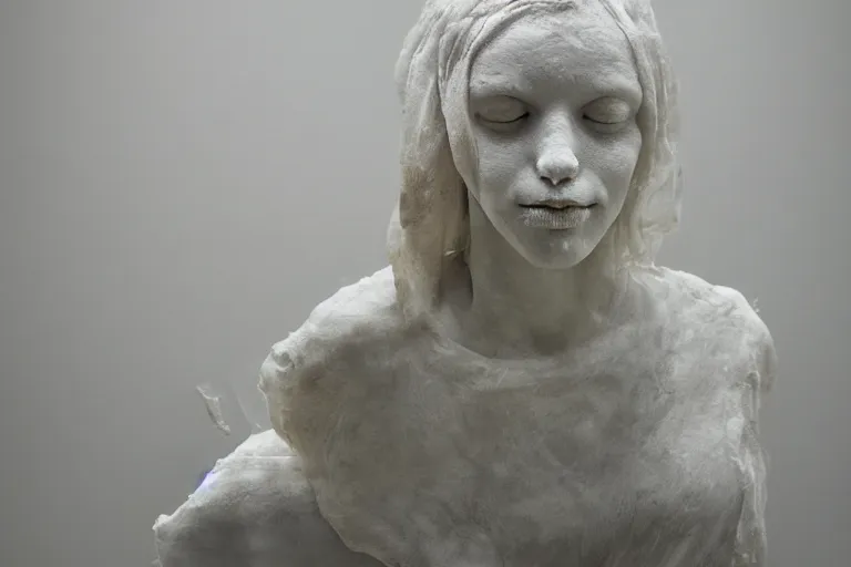 Image similar to a sculpture of a person sitting on a chair, a white marble sculpture covered with floating wax by nicola samori, behance, neo - expressionism, marble sculpture, apocalypse art, made of mist