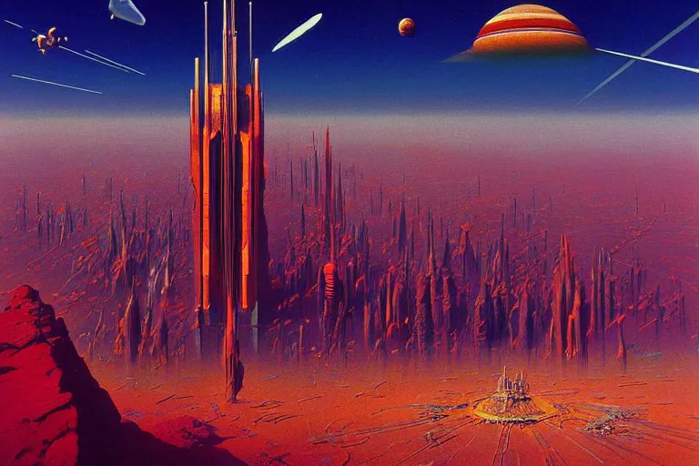 Image similar to cloisonnism painting of megacity 1 from judge dredd megacity 1 from judge dredd in no mans sky no mans sky | masterpiece moebius syd mead bekskinski