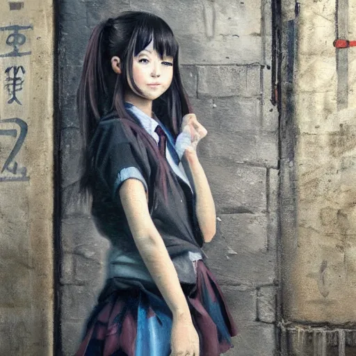 Image similar to a perfect, realistic professional oil painting of a Japanese schoolgirl posing in a dystopian alleyway, style of Marvel, full length, by a professional American senior artist on ArtStation, a high-quality hollywood-style concept