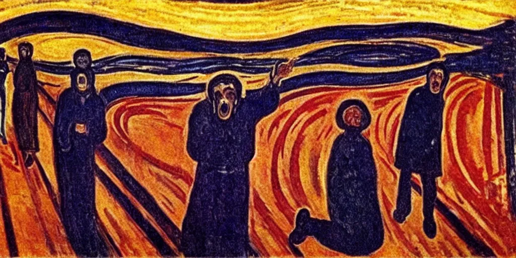 Image similar to killing biblical Matthew with loud yells in an apocaliptic environment, expressionist, art by Edvard Munch