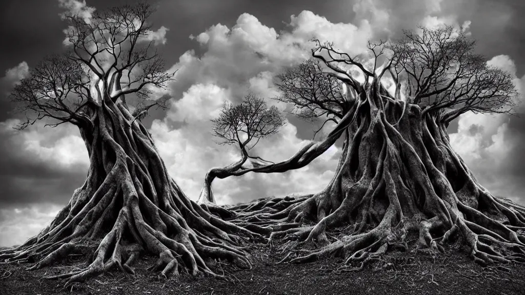 Image similar to tree roots reaching up into the clouds, surrealism photography by Sarolta Bán