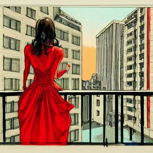 Image similar to a beautiful artwork of a woman in red dress sitting on the balcony of a hotel at night, top view, by Jerome Opeña, featured on artstation