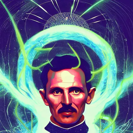 Image similar to majestic futuristic visionary inventor nikola tesla tarot card by sachin teng, artgerm, darius zawadzki, masterpiece, organic painting, matte painting, technical geometrical drawing shapes, swirling lightning electricity bolt, hard edges, graffiti, movie poster art by sachin teng, artstation trending