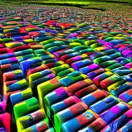 Image similar to colorful bliss windows xp screensaver with many broken dilapidated old computers graveyard, wide angle lens