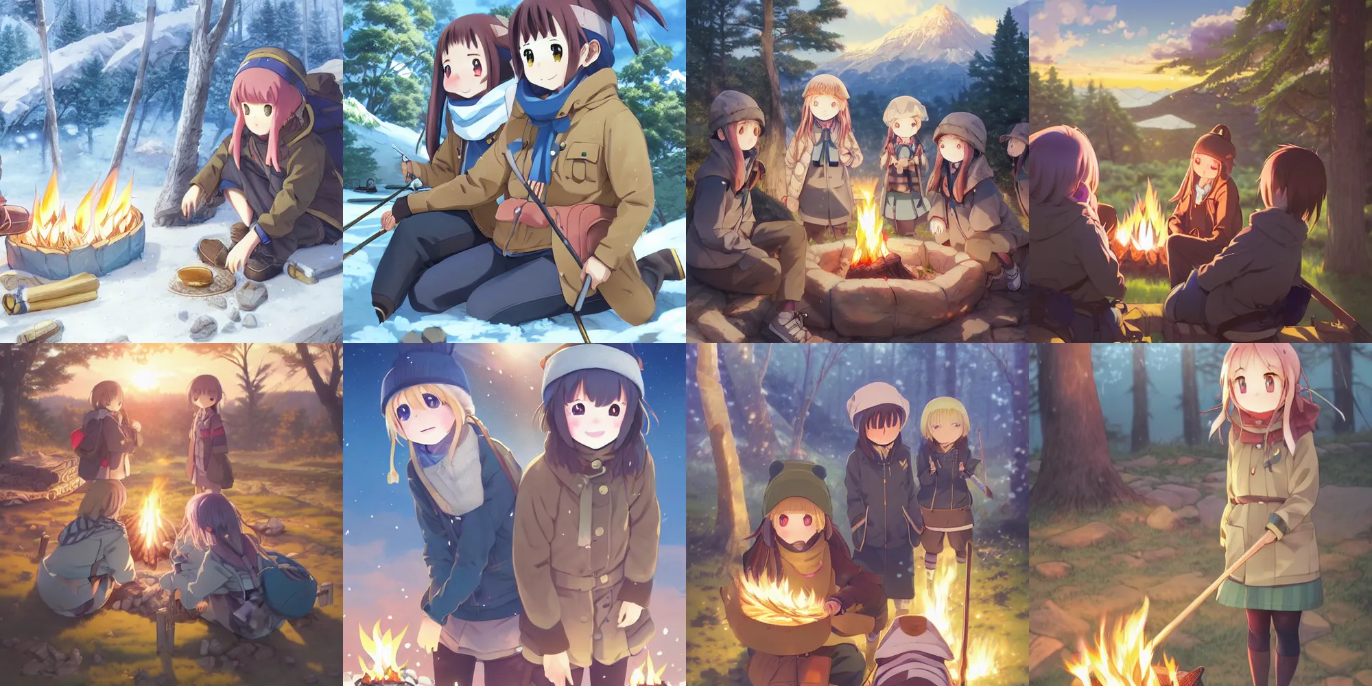 Prompt: anime yuru camp yama no susume cute girls around campfire trending on artstation hyperdetailed Unreal Engine 4k 8k ultra HD illustration digital pixiv concept art manga cover by Stanley Artgerm Lau, WLOP, Rossdraws, James Jean, Andrei Riabovitchev, Marc Simonetti, and Sakimichan