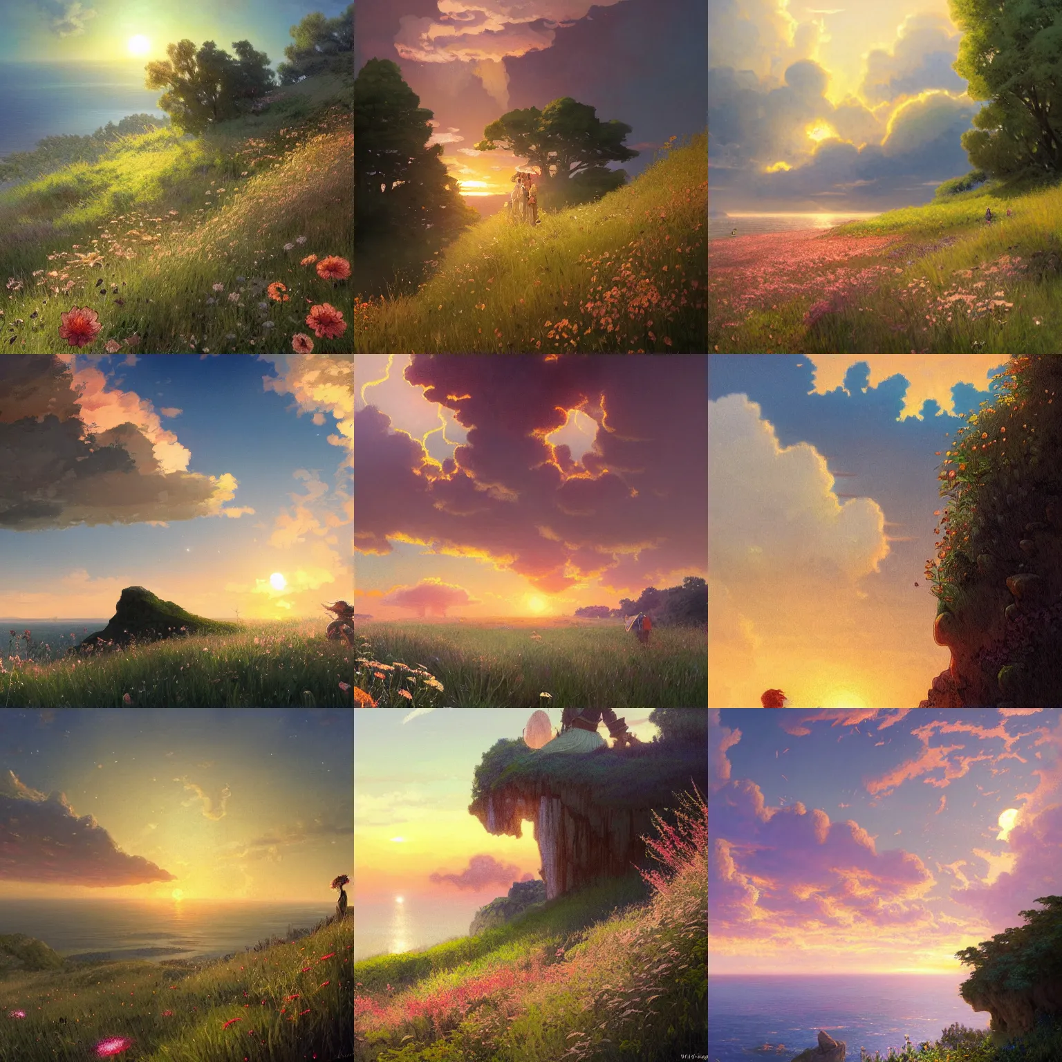 Prompt: landscape, sunset, fireflies, meadow, flowers, beautiful clouds, sea, cliff, detailed illustration, hd, 4k, digital art, overdetailed art, Ghibli, by greg rutkowski, by Alfons Mucha, complementing colors, Trending on artstation, deviantart