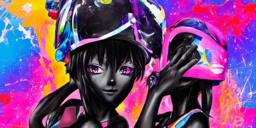 Image similar to : extremely beautiful illustration a black marble statue of an anime girl with colorful skateboard logos all over and helmet with closed visor, colorful hyperbolic background, fine art, neon genesis evangelion, virgil abloh, offwhite, denoise, highly detailed, 8 k, hyperreal