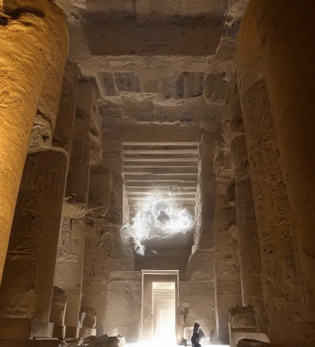 Image similar to punisher symbol is giant entrance into ancient egyptian temple with luminous smoke and light rays.