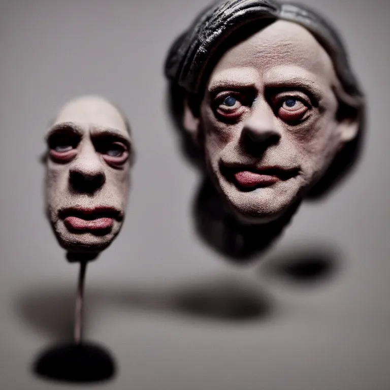 Image similar to a cinematic film still of a claymation stop motion film starring steve buscemi, portrait, shallow depth of field, 8 0 mm, f 1. 8