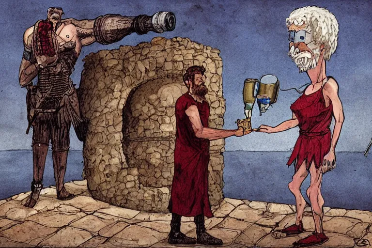 Prompt: odysseus presenting a wine flask to the giant cyclops by enki bilal